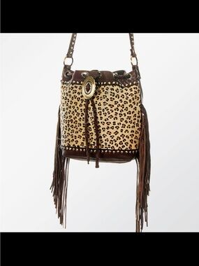 American Darling Leopard Print Fringe Bucket Bag - Brown